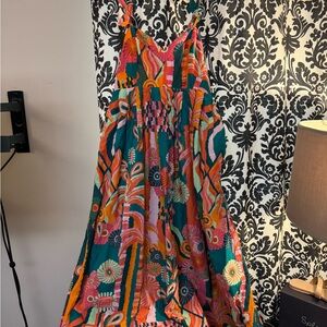 FARM Rio Orange Green Sleeveless V-neck Sundress